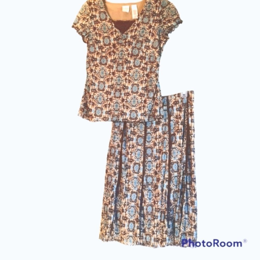 Vintage 2Pc Brown and Turquoise Fully Lined Skirt Set Sz MP - Picture 2 of 14